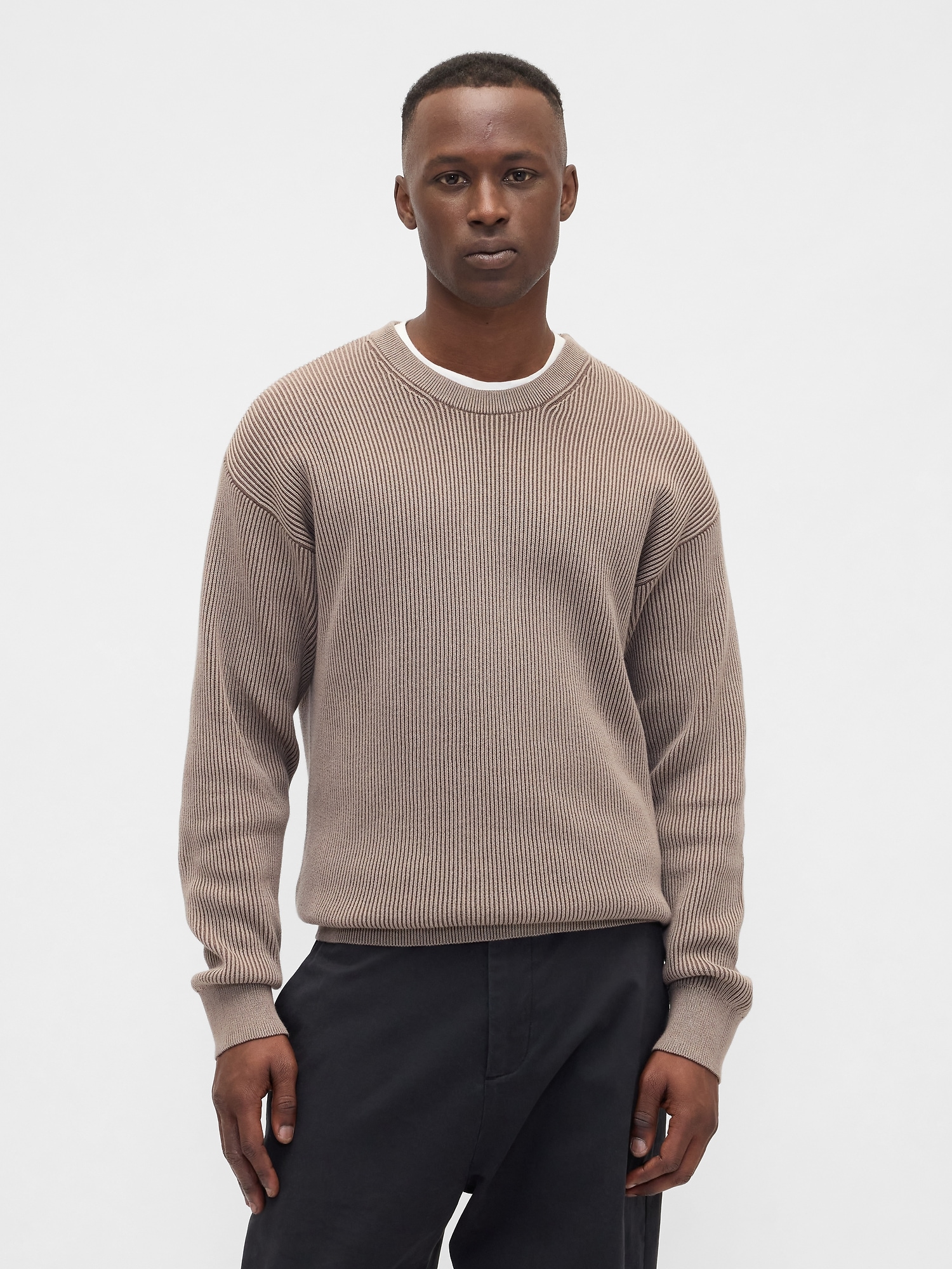 Oversized Fisherman-Stitch Crewneck Sweater - Medium Cool Brown