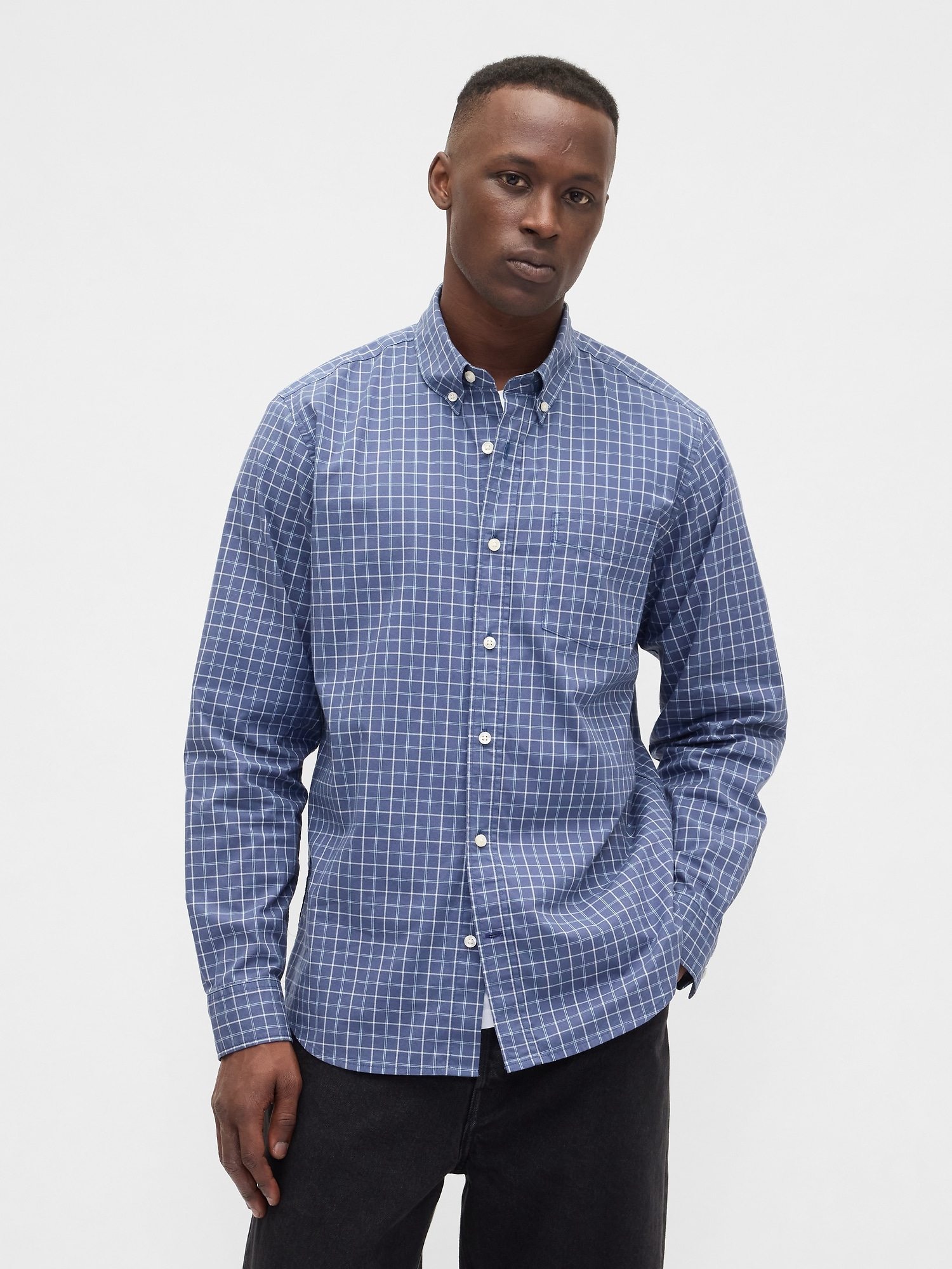 Stretch Poplin Shirt in Standard Fit - Blue Plaid