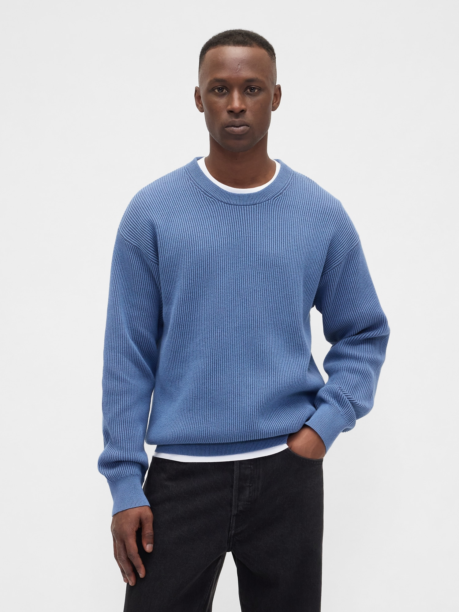 Oversized Fisherman-Stitch Crewneck Sweater - Cornflower Blue