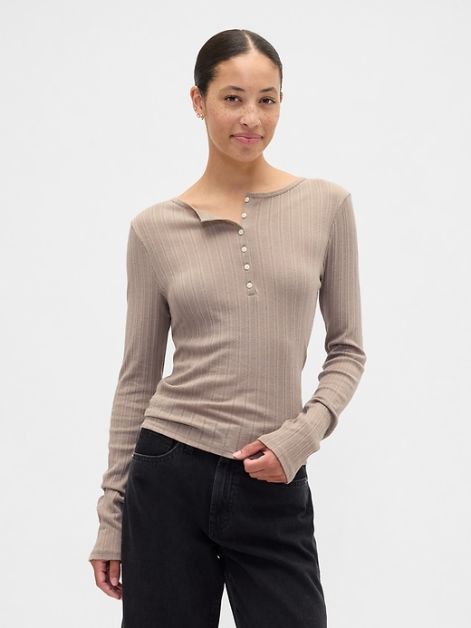 Image number 1 showing, Ribbed Pointelle Henley T-Shirt