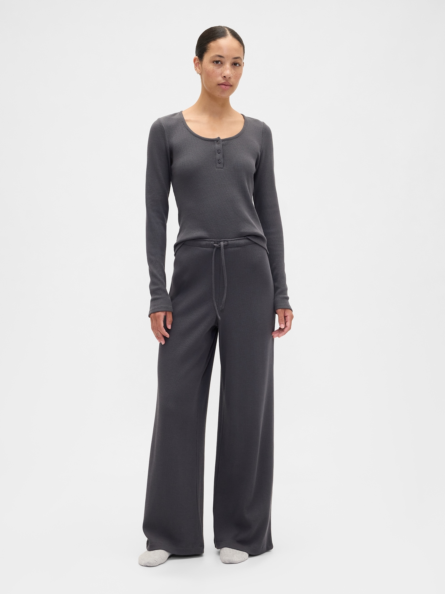 Waffle-Knit Wide-Leg PJ Pants - Cast Iron Gray