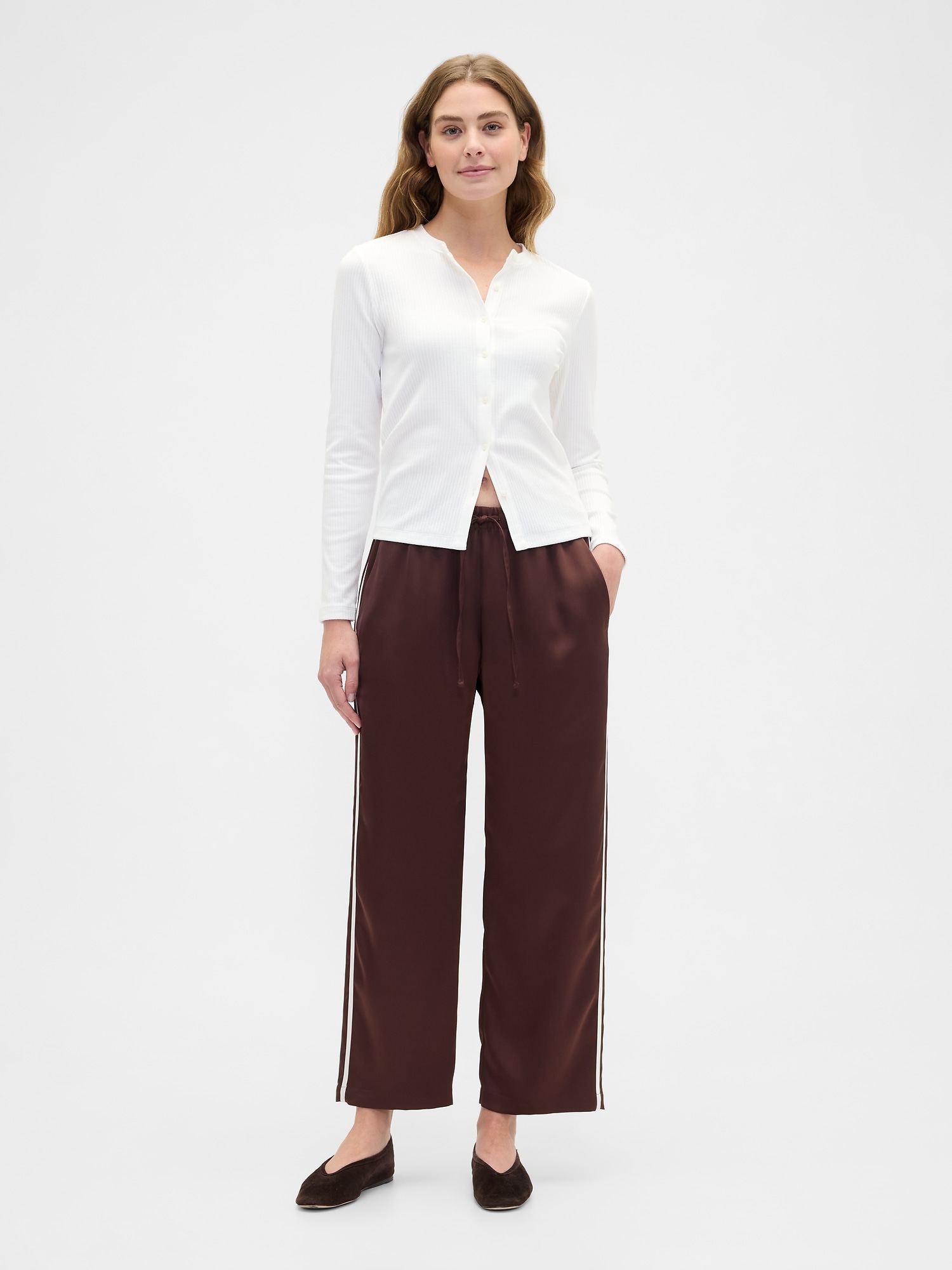 Relaxed Straight-Leg Stripe Satin Pants - Dark Brown