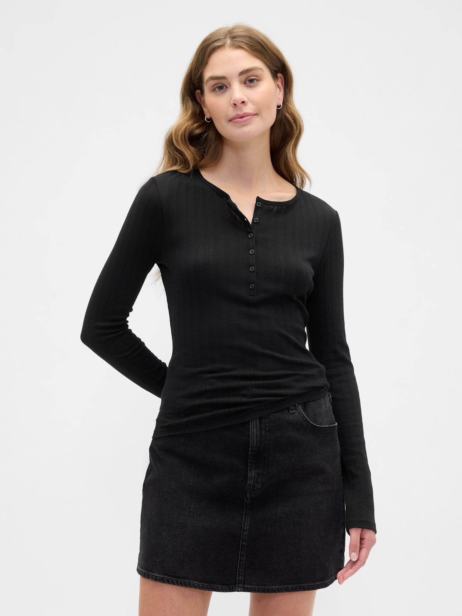 Ribbed Pointelle Henley T-Shirt - Black