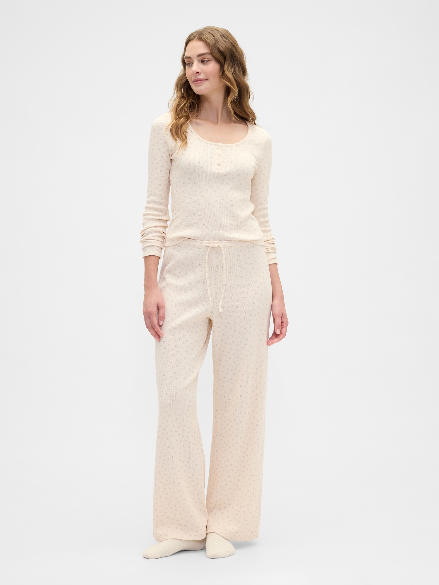 Waffle-Knit Wide-Leg PJ Pants - Off White Oyster