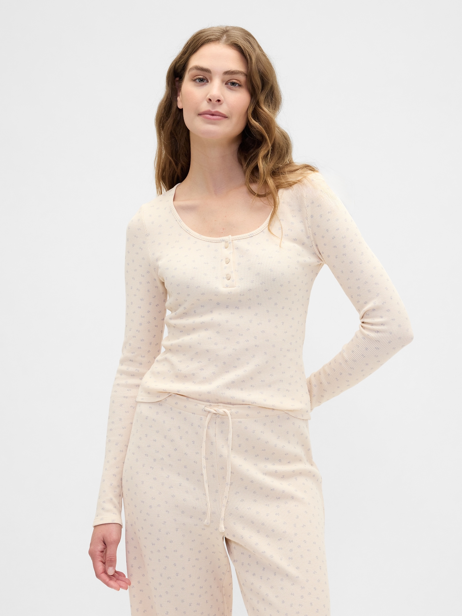 Waffle-Knit Henley PJ Top - Novelty Oyster