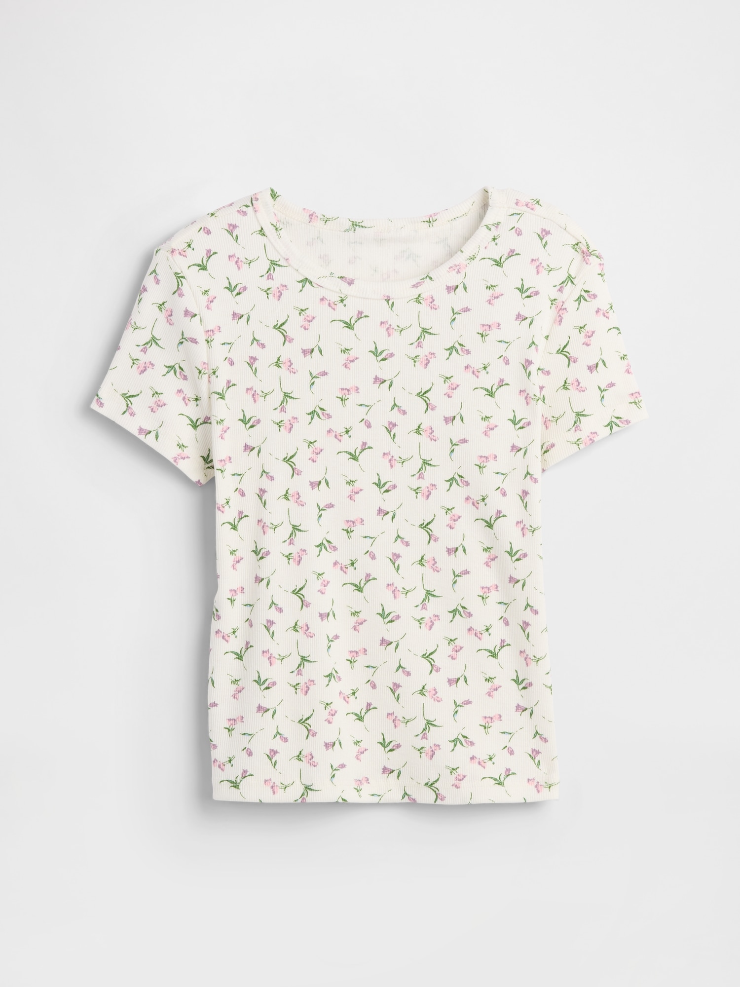 Kids Ribbed Pointelle T-Shirt - White Floral Print