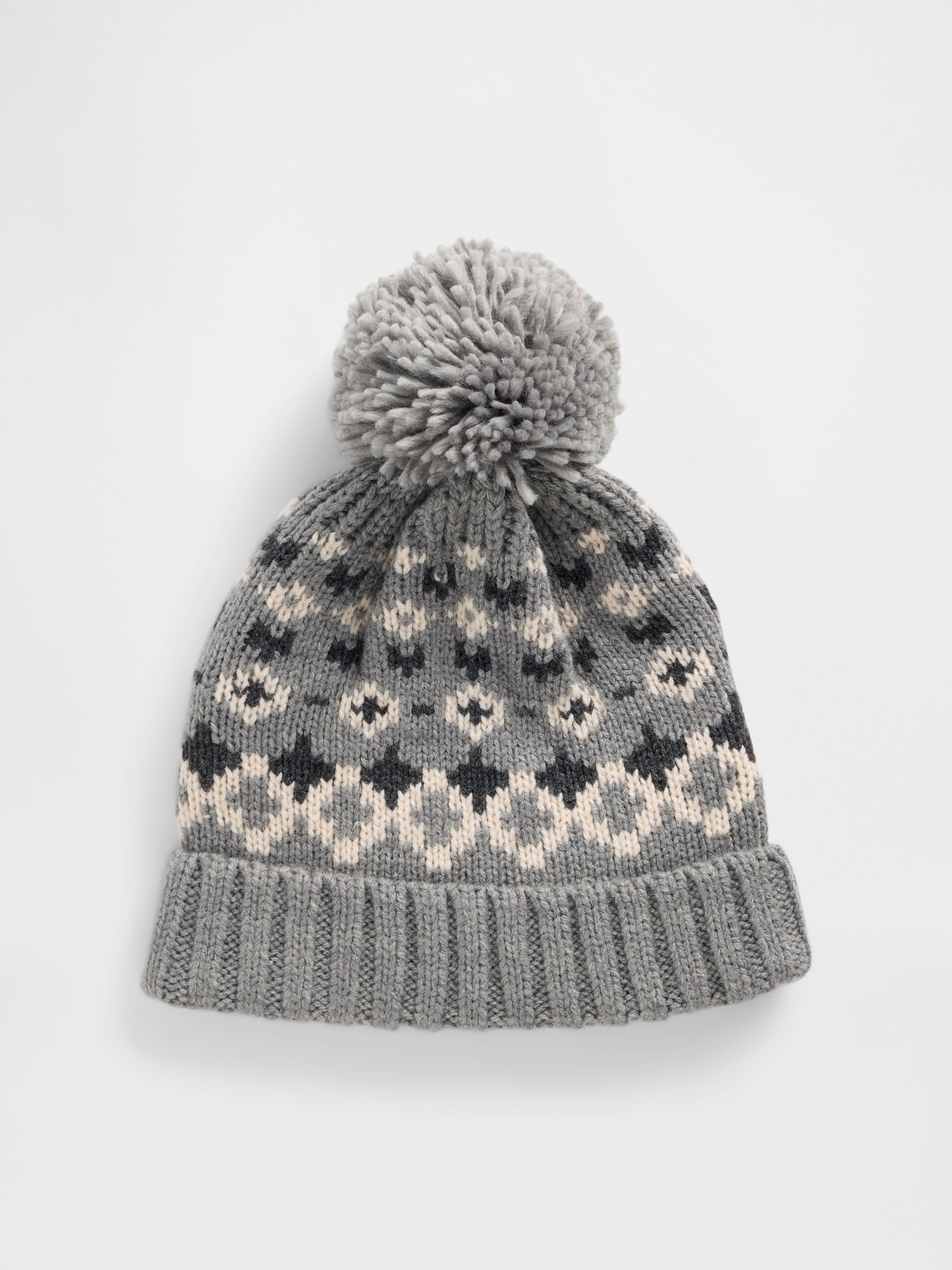 Fair Isle Poof Beanie - Grey Fairisle