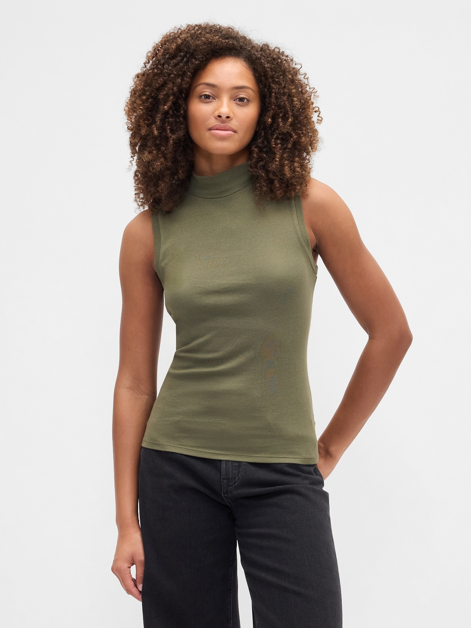 Modern Ribbed Mockneck Tank Top - Army Jacket Green