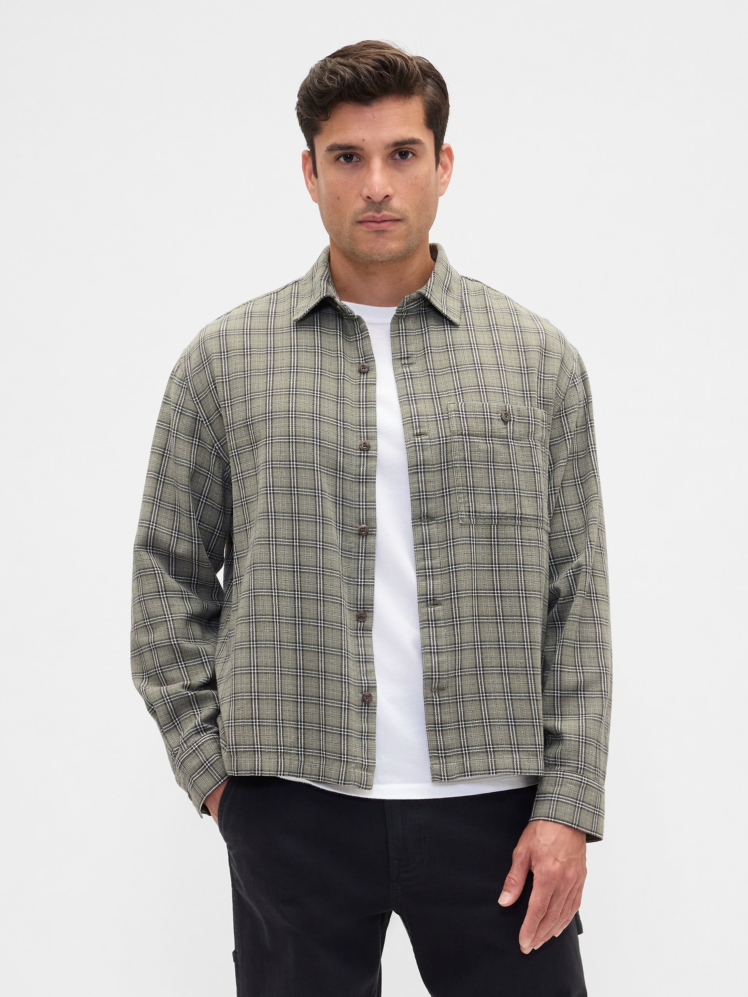 Flannel Shirt in Boxy Fit - Olive Green Plaid