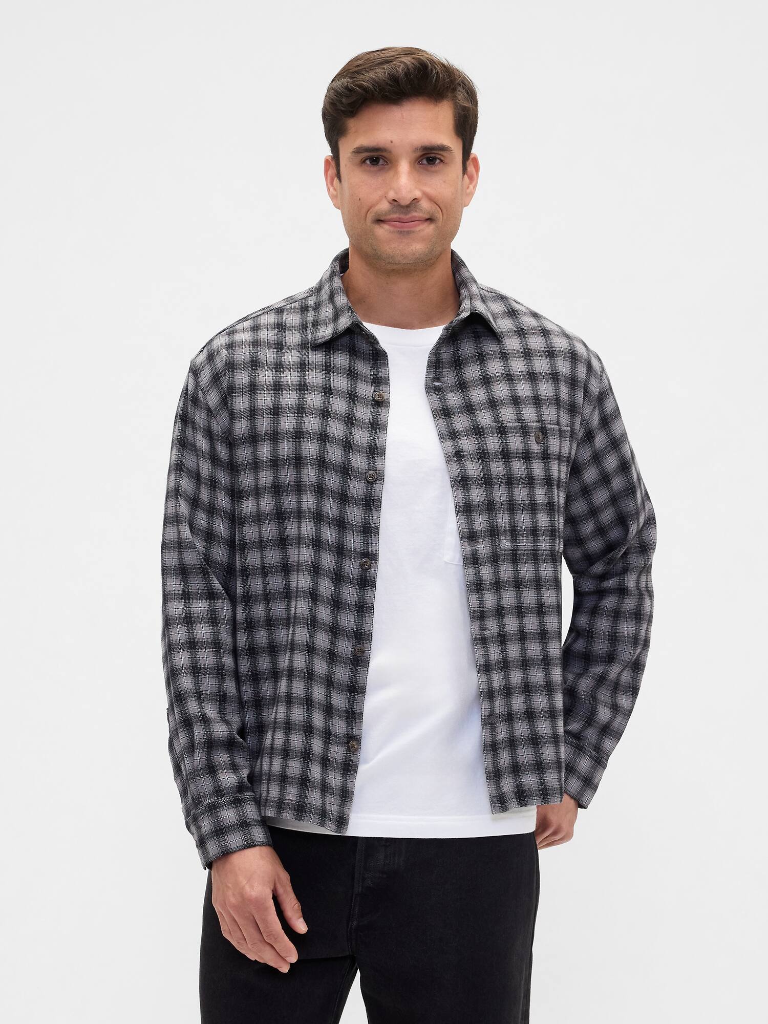 Flannel Shirt in Boxy Fit - Tonal Grey Plaid