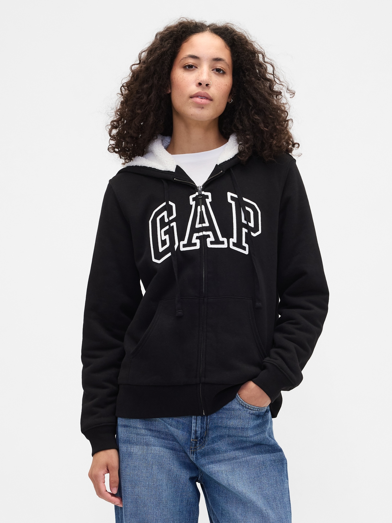 Gap Factory Relaxed Gap Logo Sherpa-lined Zip Hoodie In Black