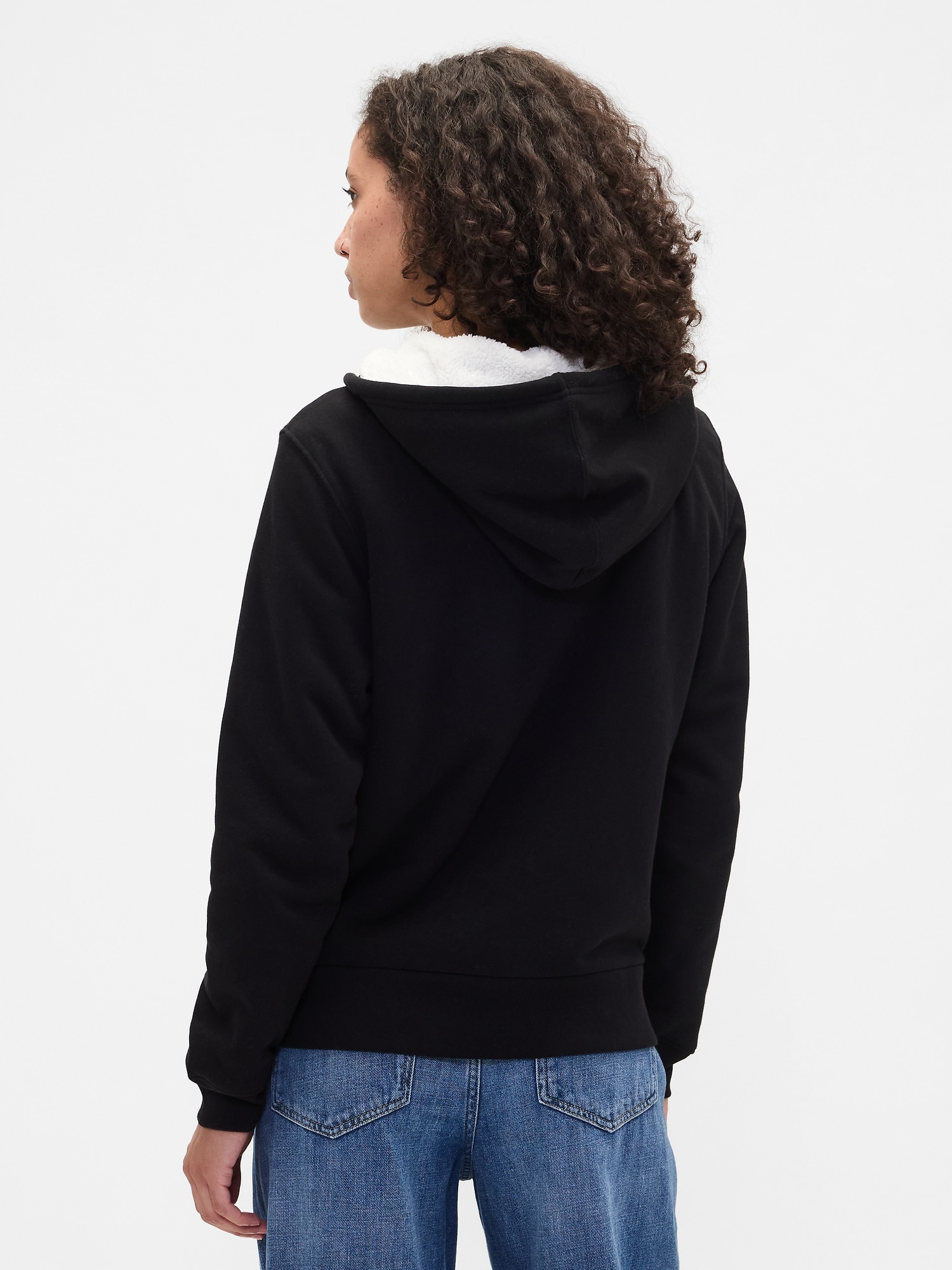 Gap Factory Relaxed Gap Logo Sherpa-lined Zip Hoodie In Black