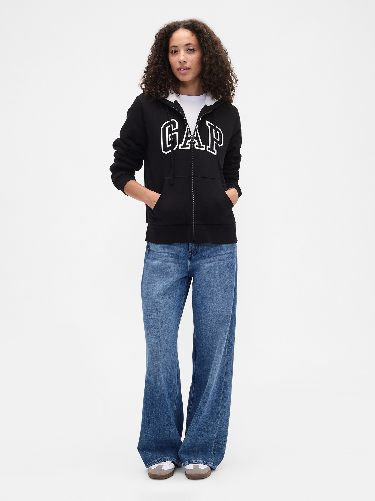 Gap Factory Relaxed Gap Logo Sherpa-lined Zip Hoodie In Black