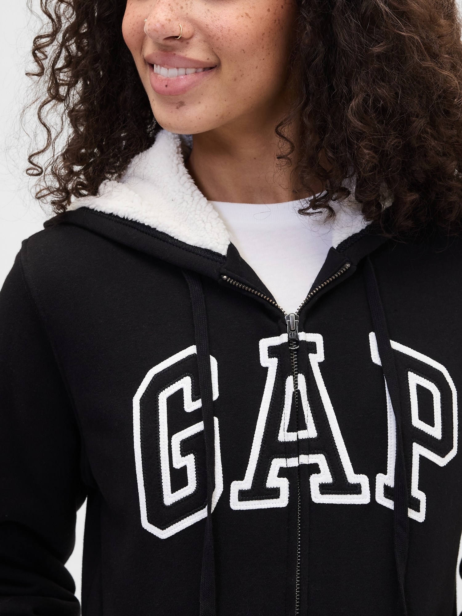 Gap Factory Relaxed Gap Logo Sherpa-lined Zip Hoodie In Black