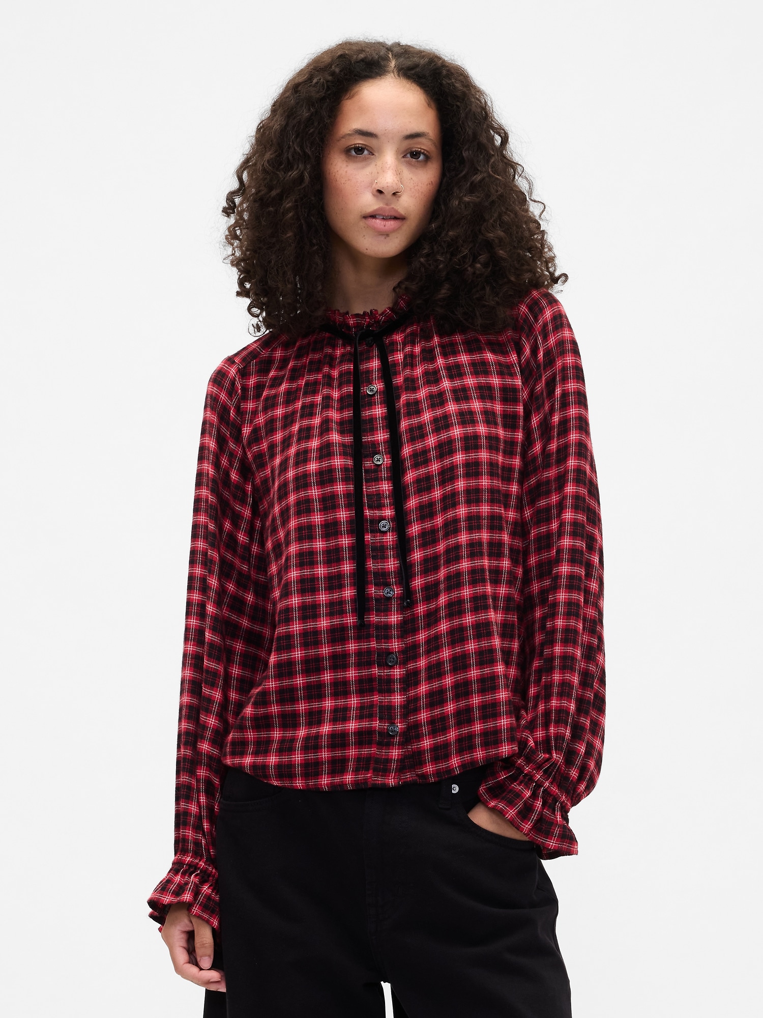 Relaxed Ruffle Top - Red Plaid