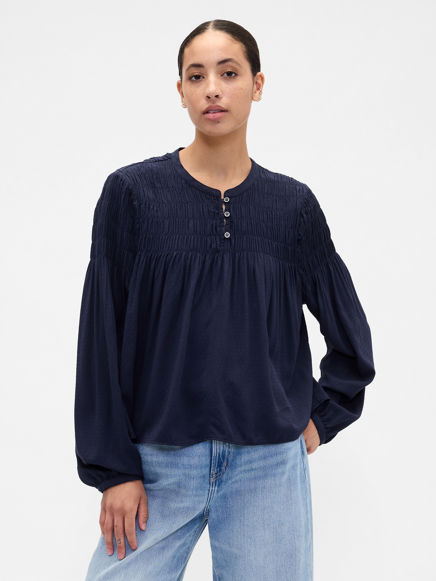 Relaxed Smocked Balloon-Sleeve Top - Navy Uniform