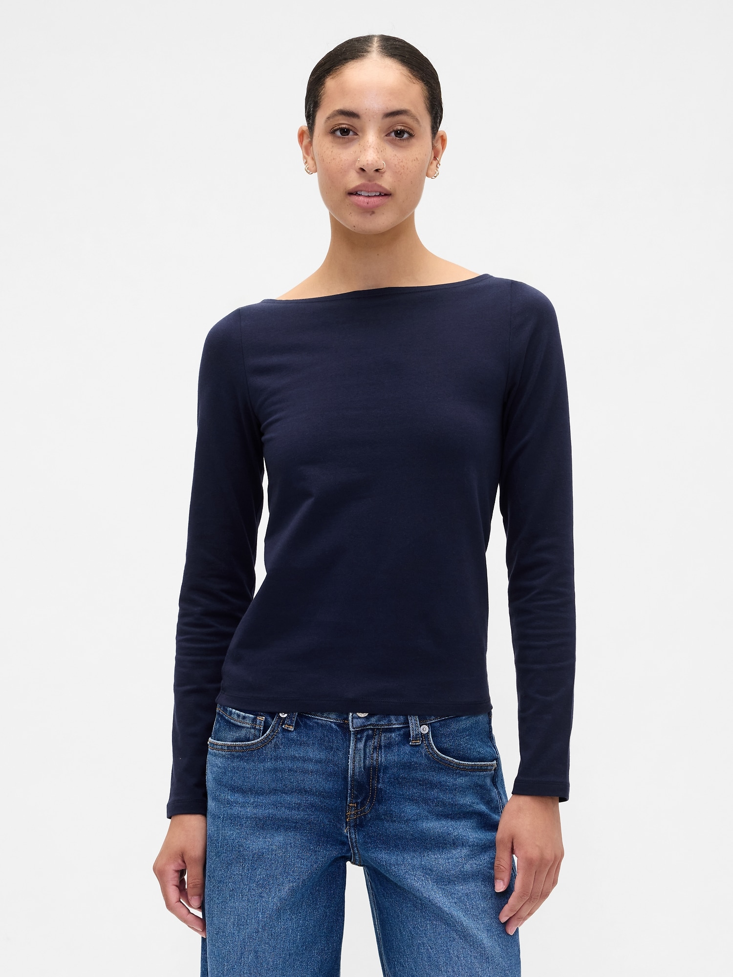 Stretch Jersey Boatneck T-Shirt - Deep True Navy Blue