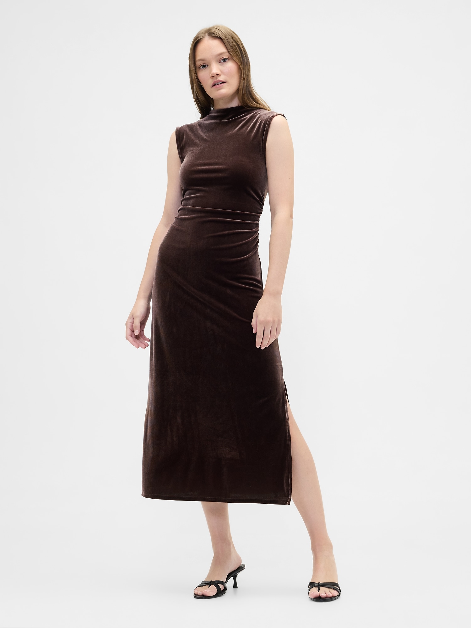 Ruched Velvet Mockneck Midi Dress - Dark Brown