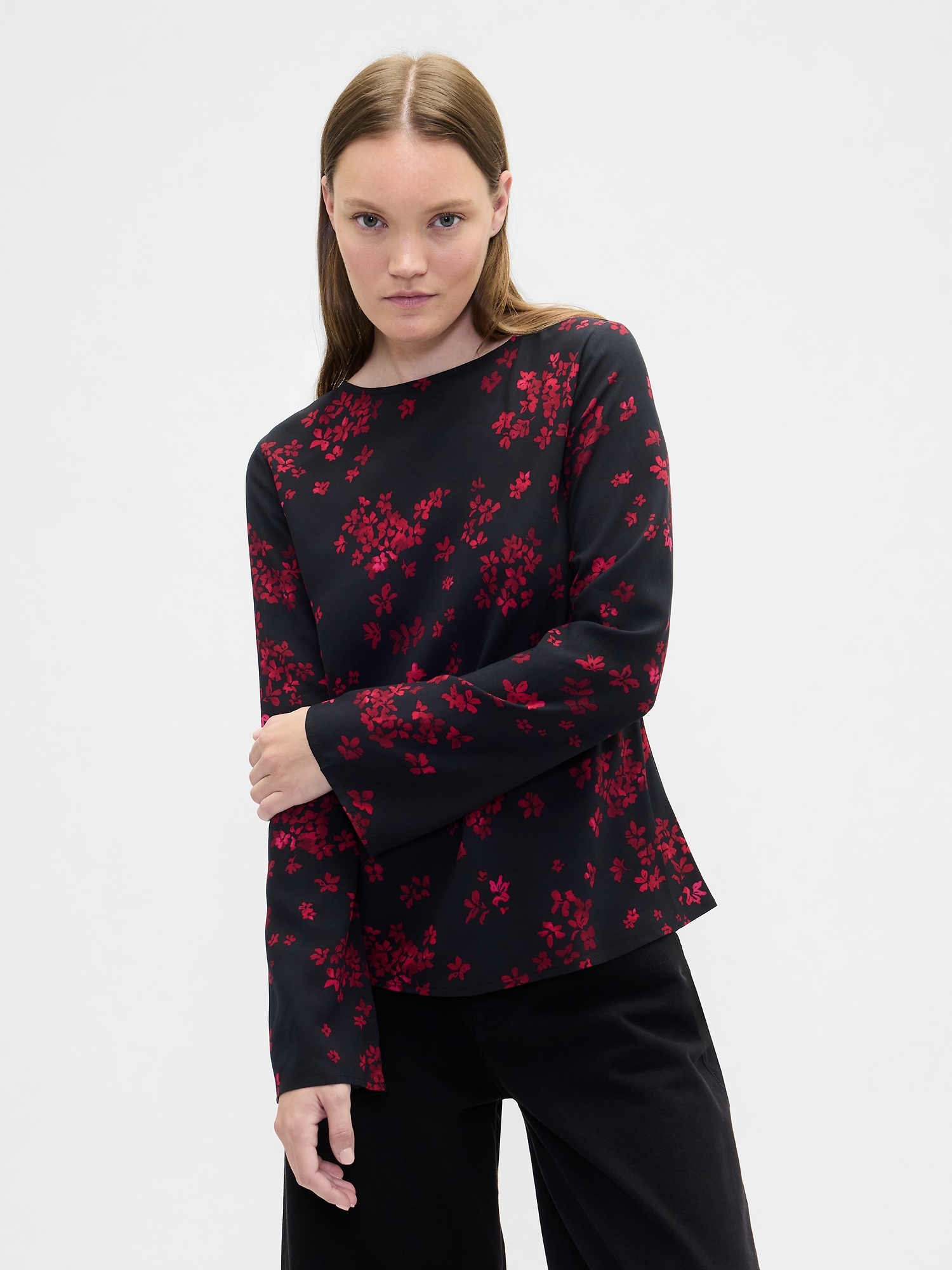 Bell Sleeve Boatneck Top - Black Red Floral