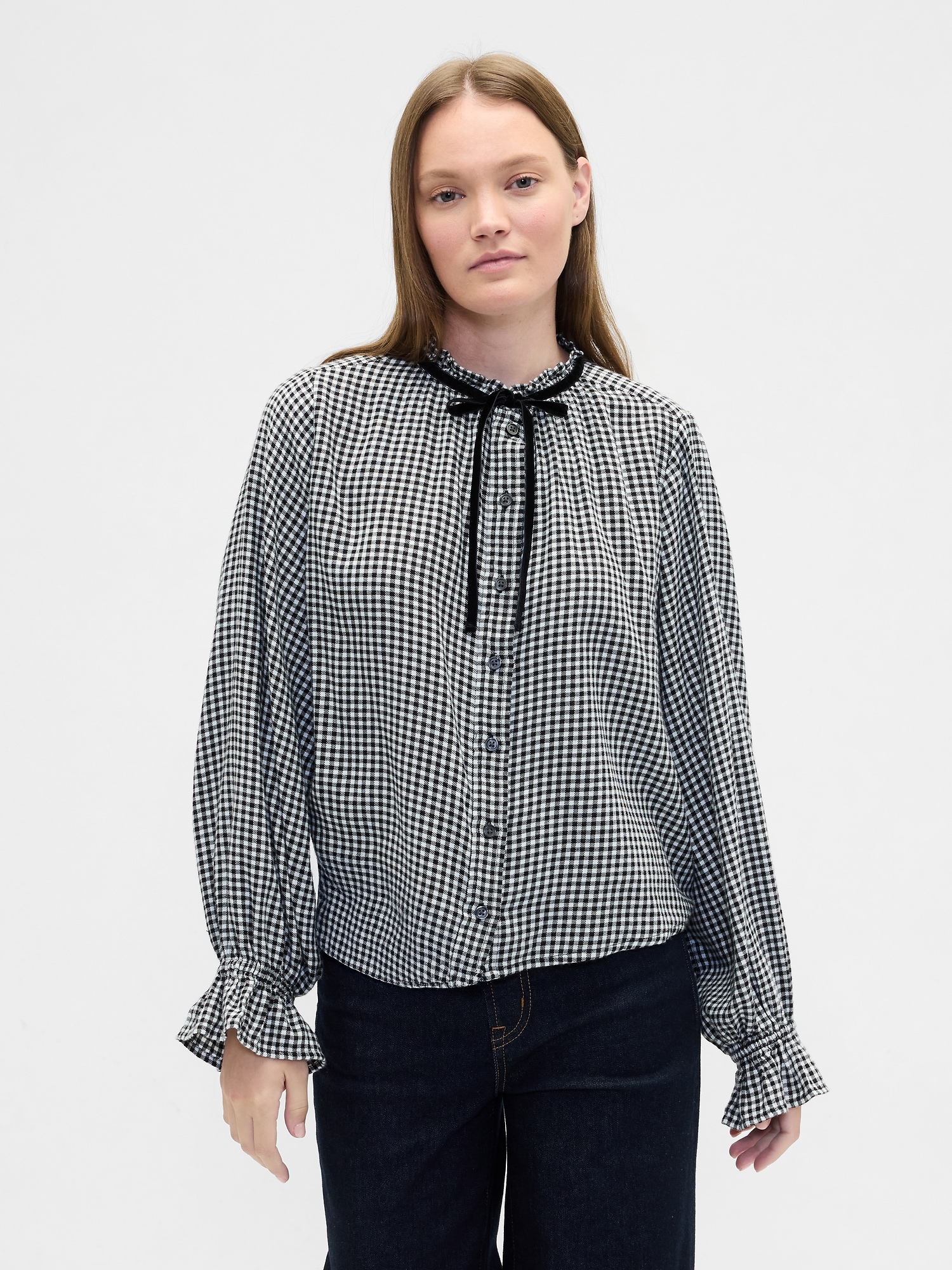 Relaxed Ruffle Top - Black Gingham