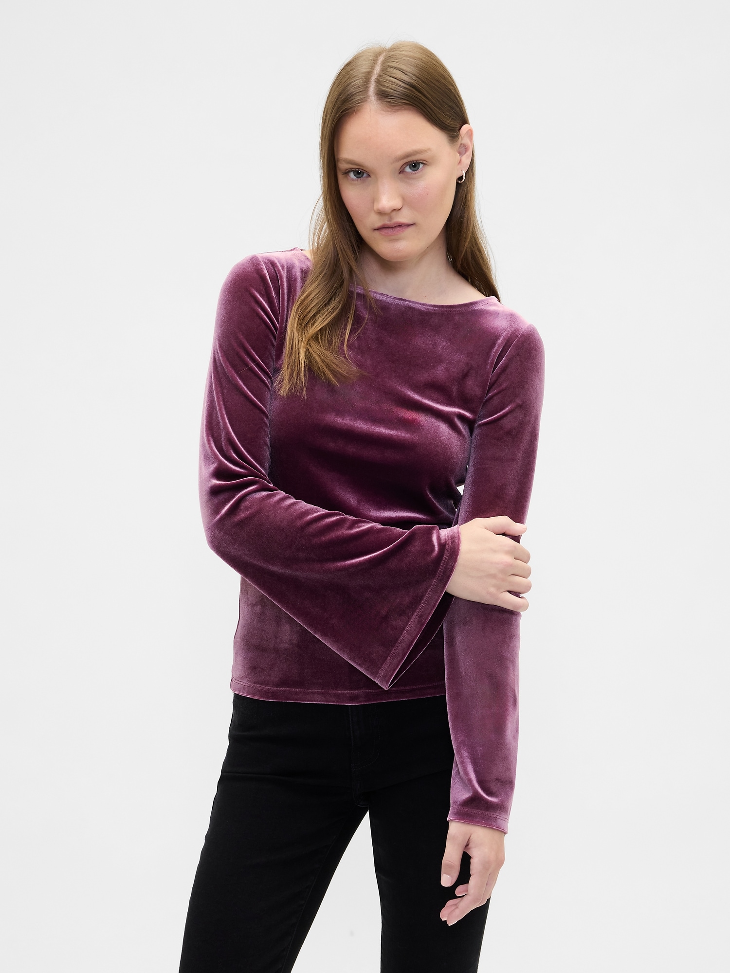 Velour Bell Sleeve Boatneck T-Shirt - Tuscan Red
