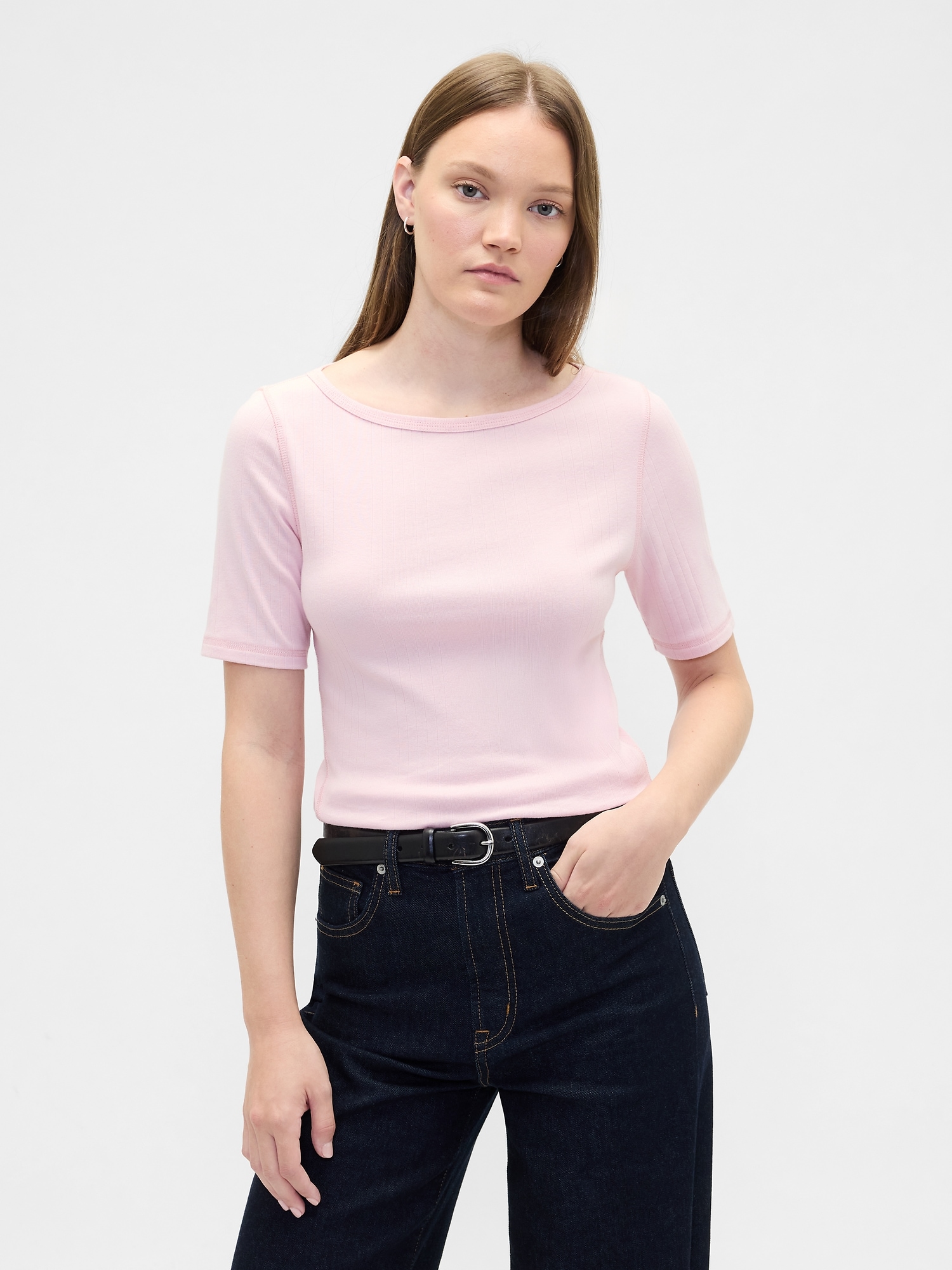 Modern Ribbed Boatneck T-Shirt - Pure Pink