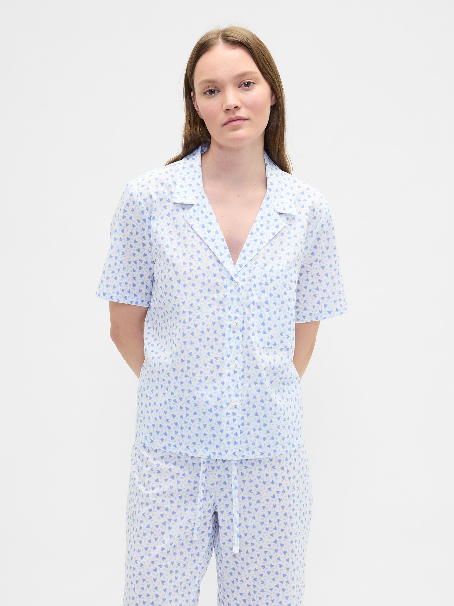 Print Poplin PJ Shirt - Family Ditsy Blue Hearts