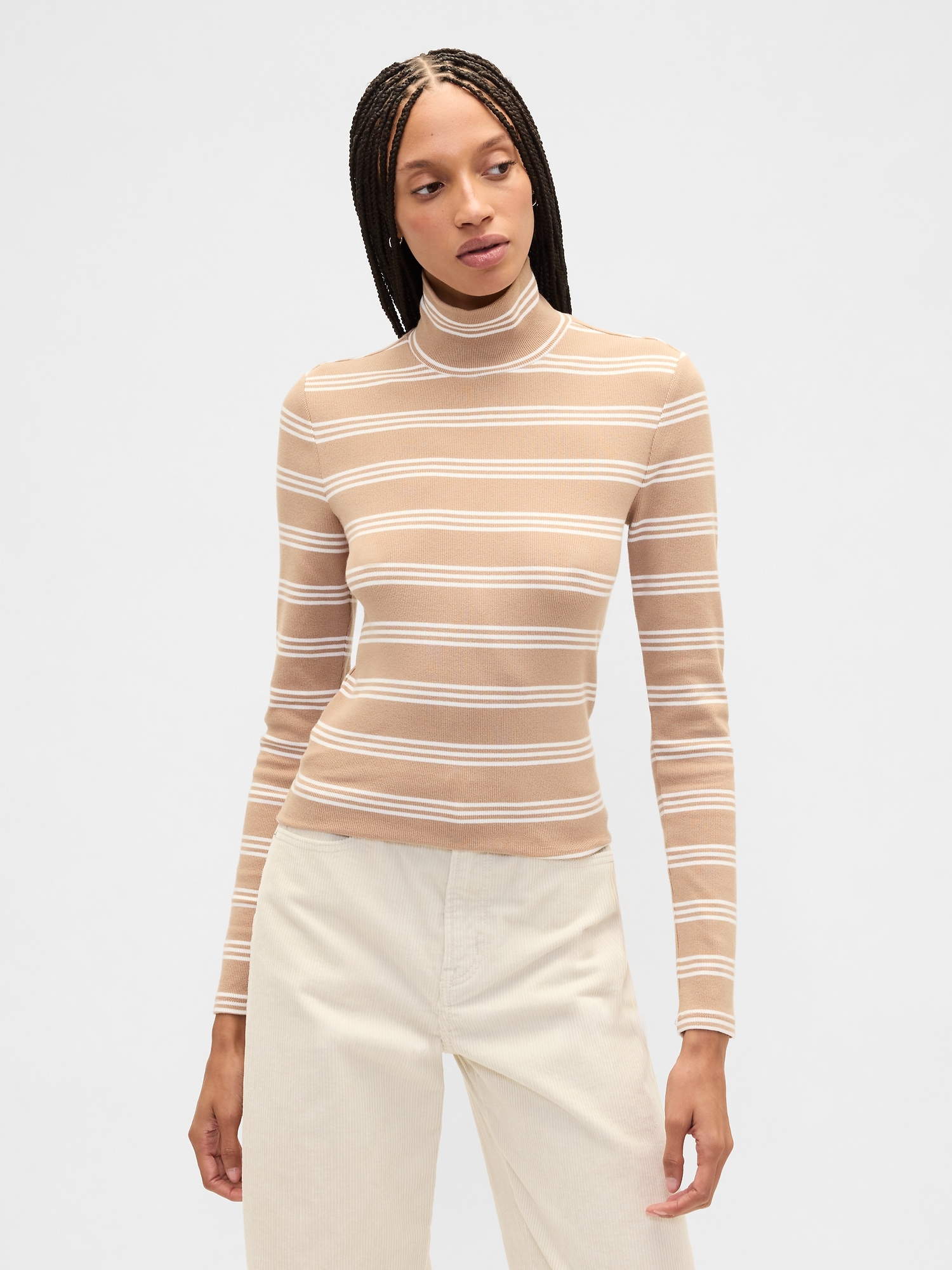 Ribbed Turtleneck T-Shirt - Camel Stripe