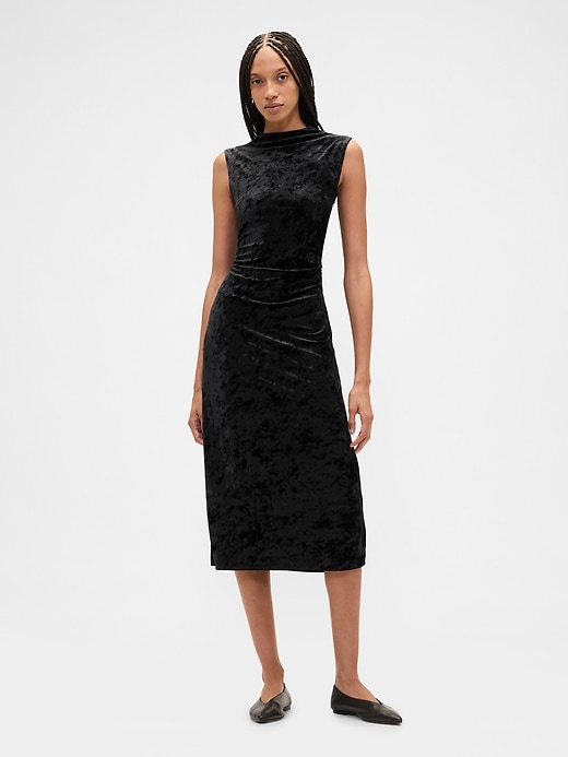Image number 1 showing, Ruched Velvet Mockneck Midi Dress