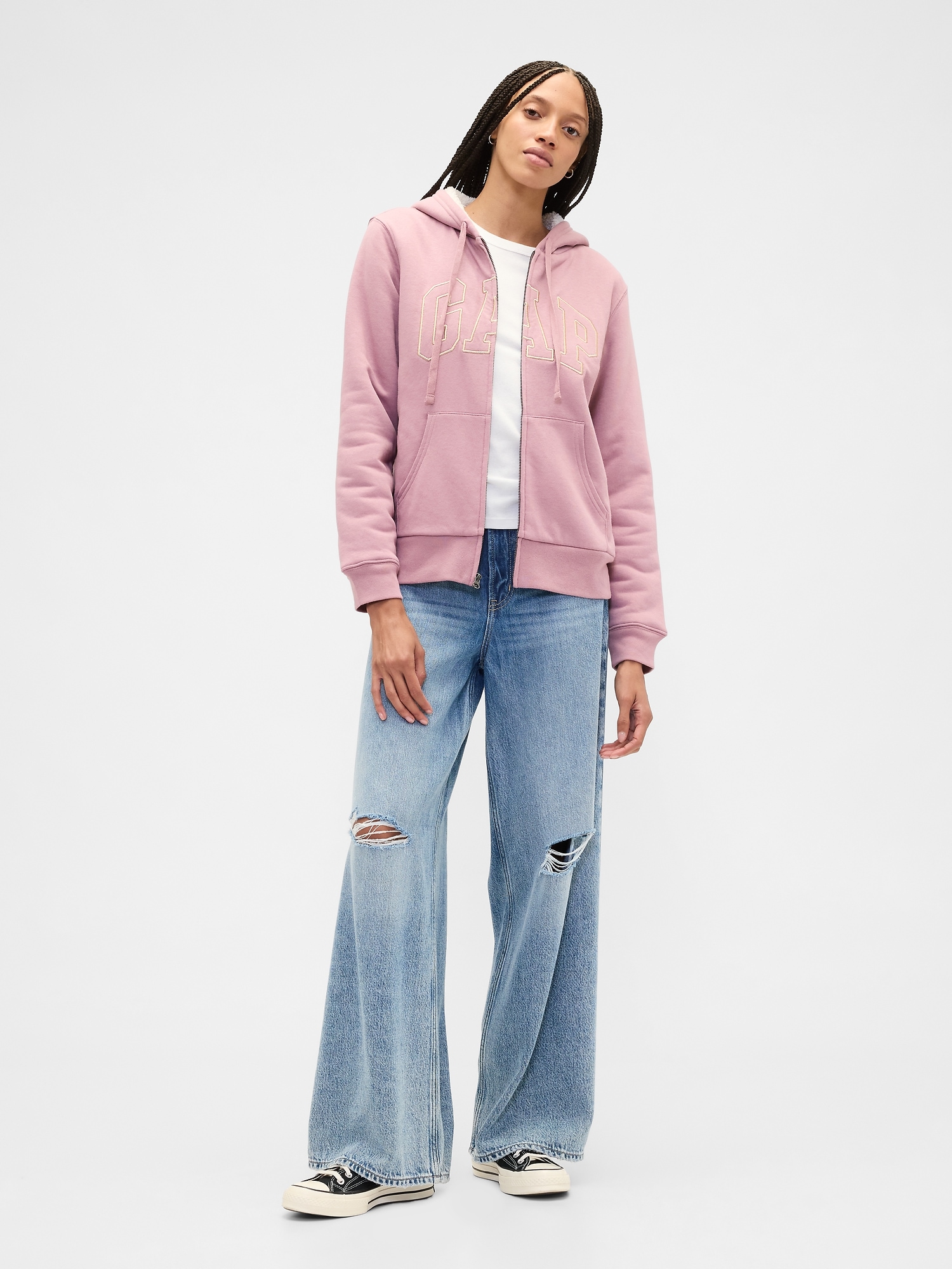 Gap Factory Relaxed Gap Logo Sherpa-lined Zip Hoodie In Pink