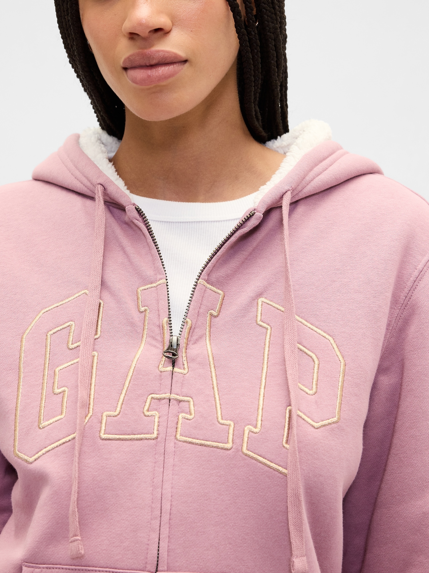 Gap Factory Relaxed Gap Logo Sherpa-lined Zip Hoodie In Pink