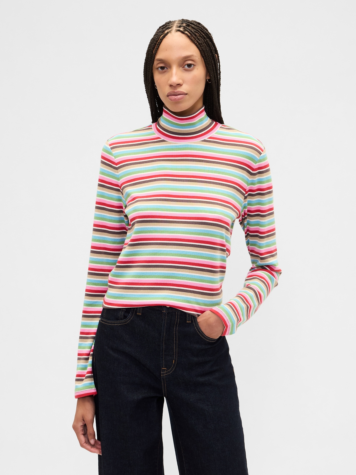 Ribbed Turtleneck T-Shirt - Happy Stripe