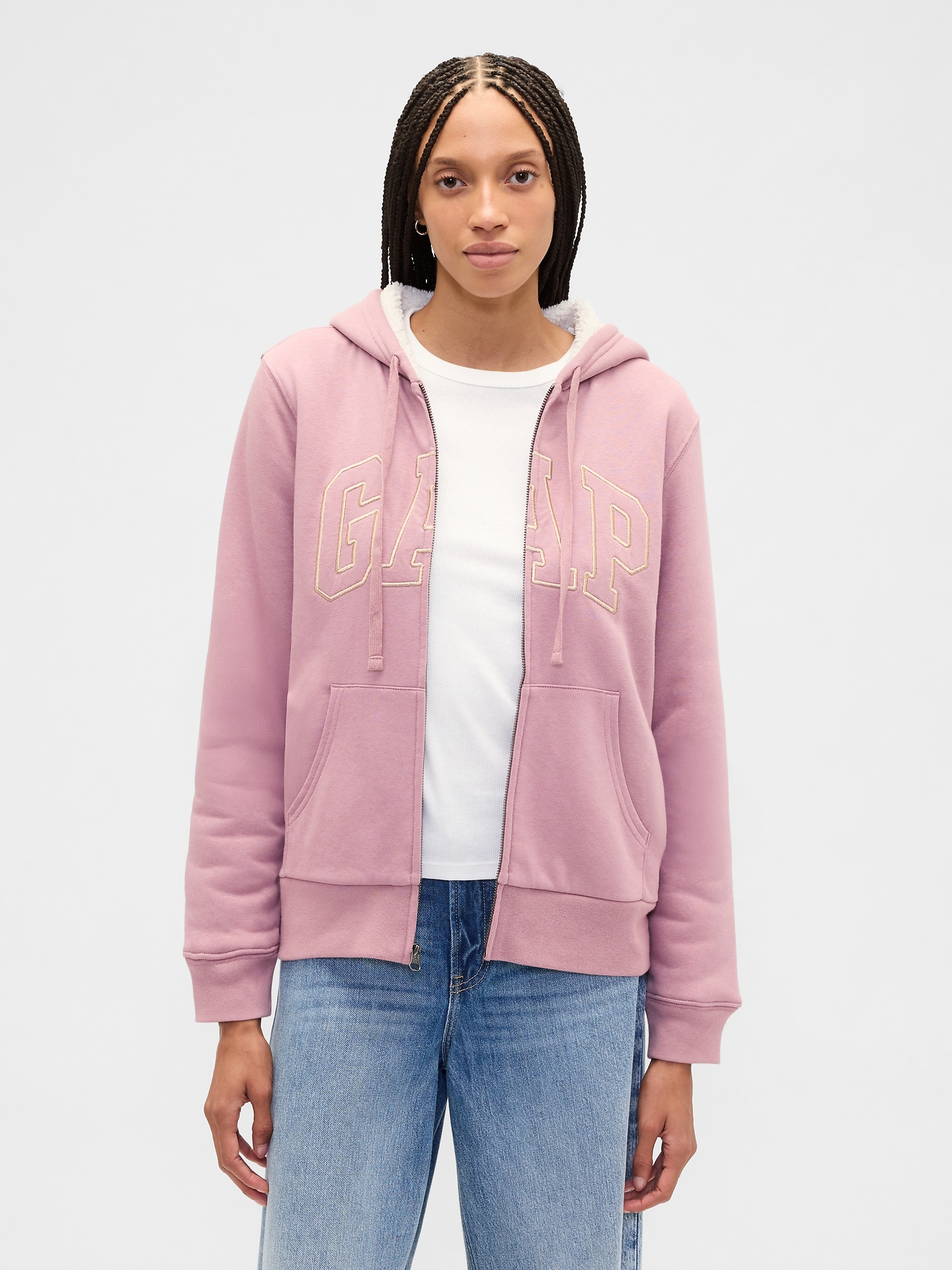 Gap Factory Relaxed Gap Logo Sherpa-lined Zip Hoodie In Pink