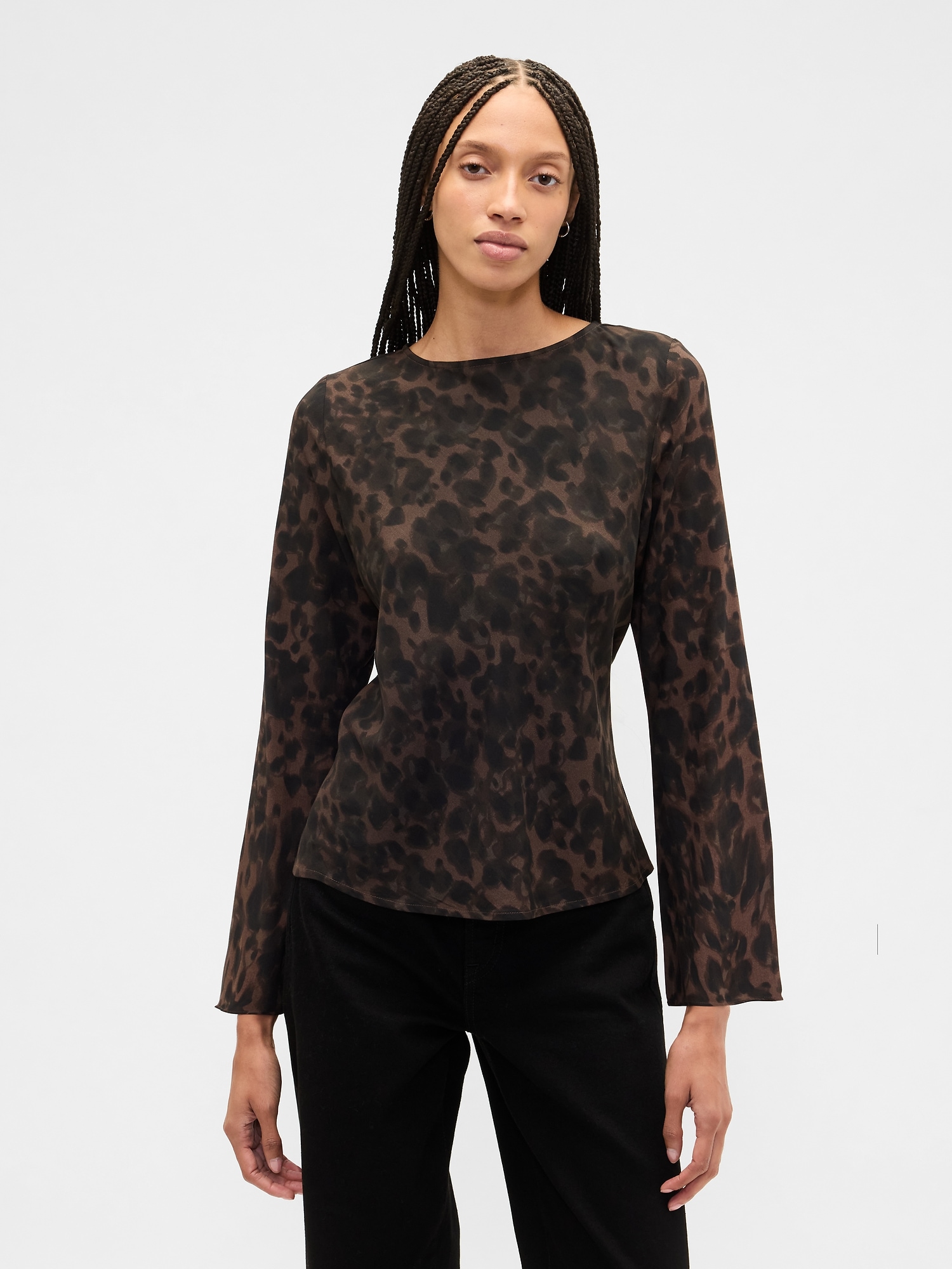 Bell Sleeve Boatneck Top - Brown Leopard