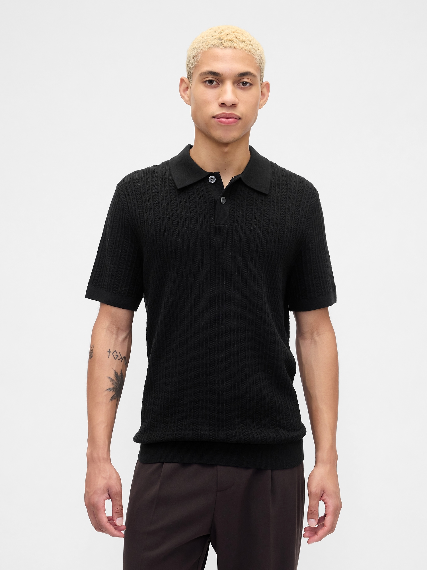 Textured Sweater Polo Shirt - Black