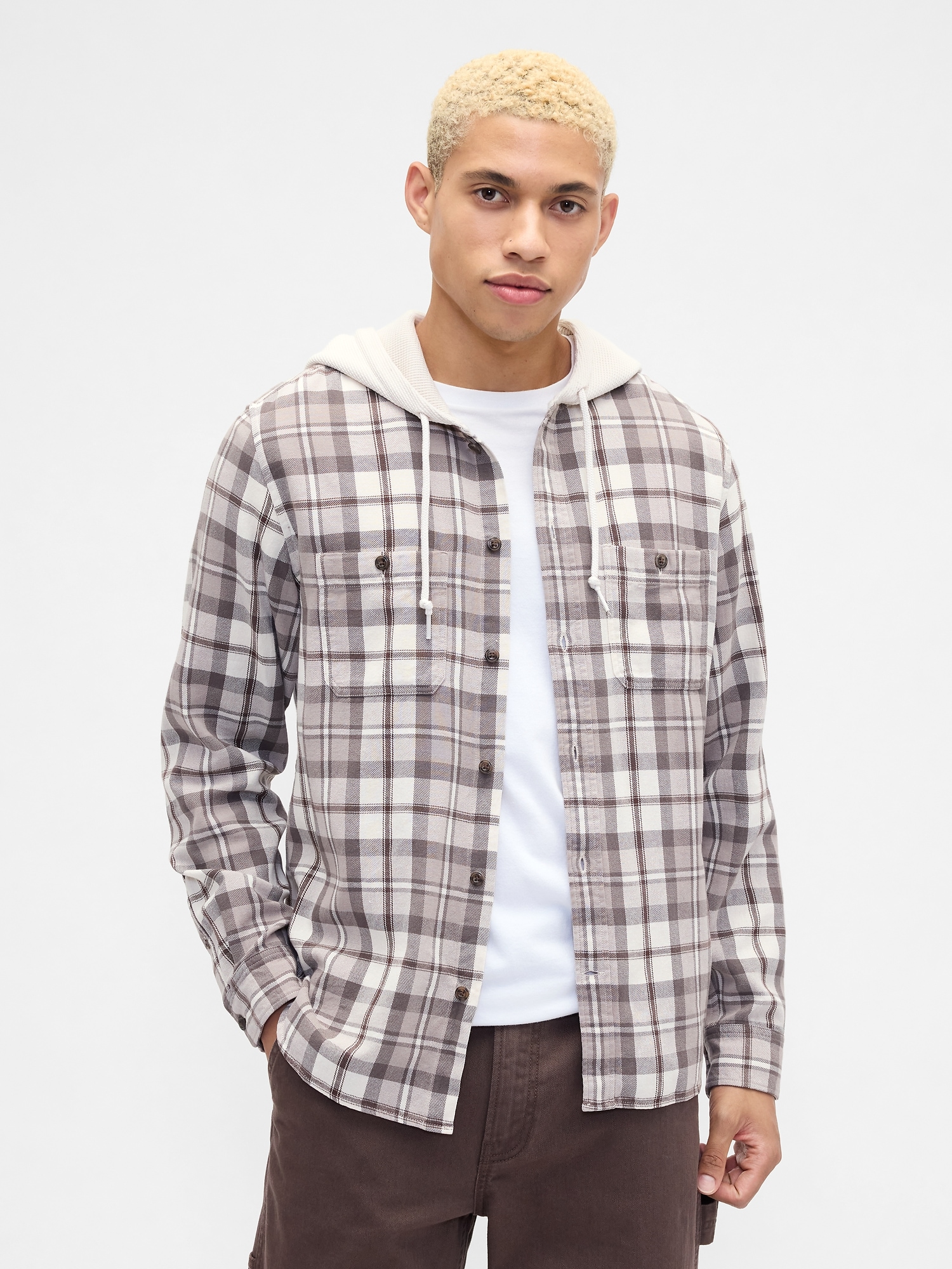 Gap Factory Hooded Flannel Shirt In Standard Fit In Gray