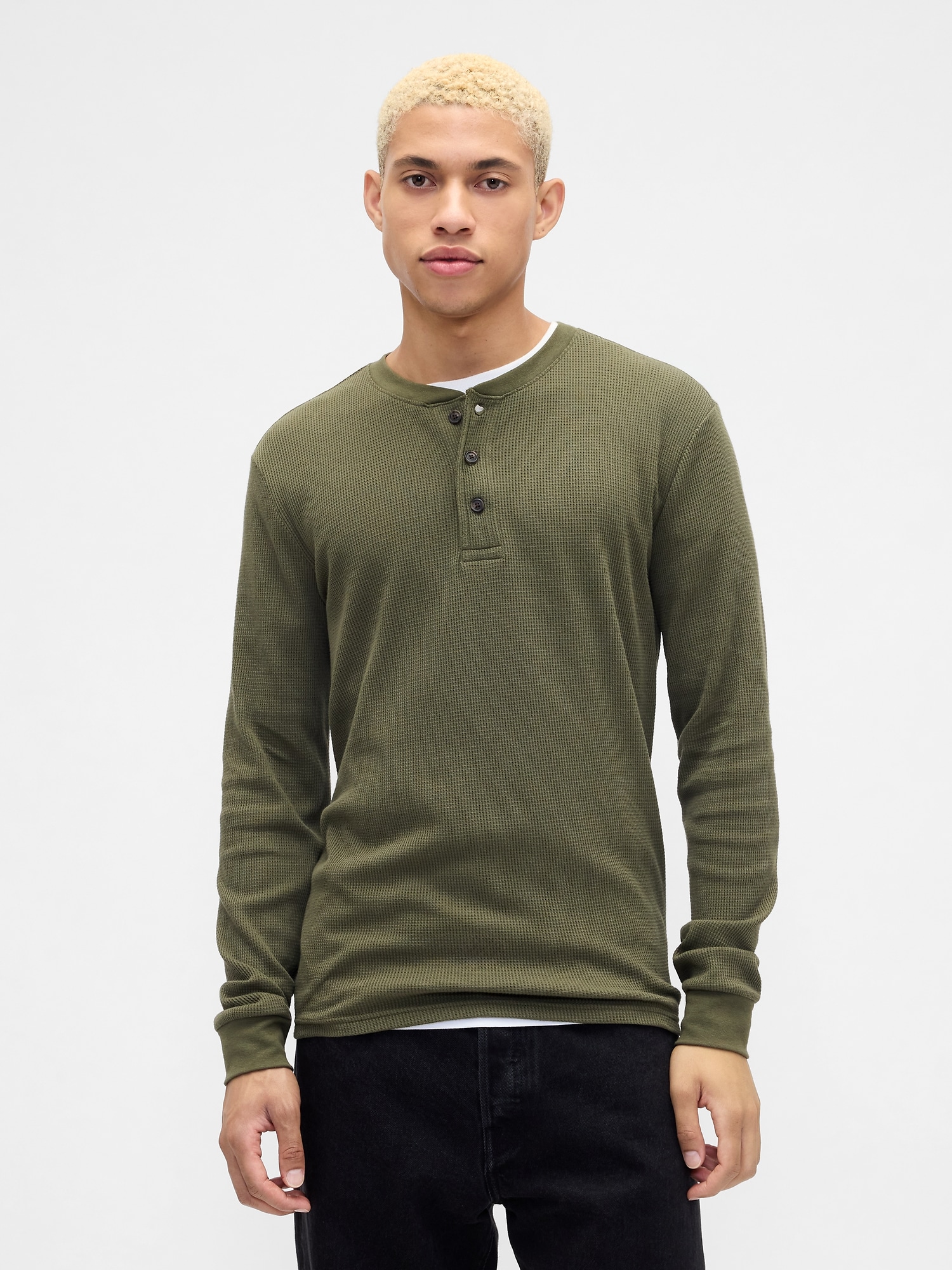 Waffle-Knit Henley T-Shirt - Army Jacket Green