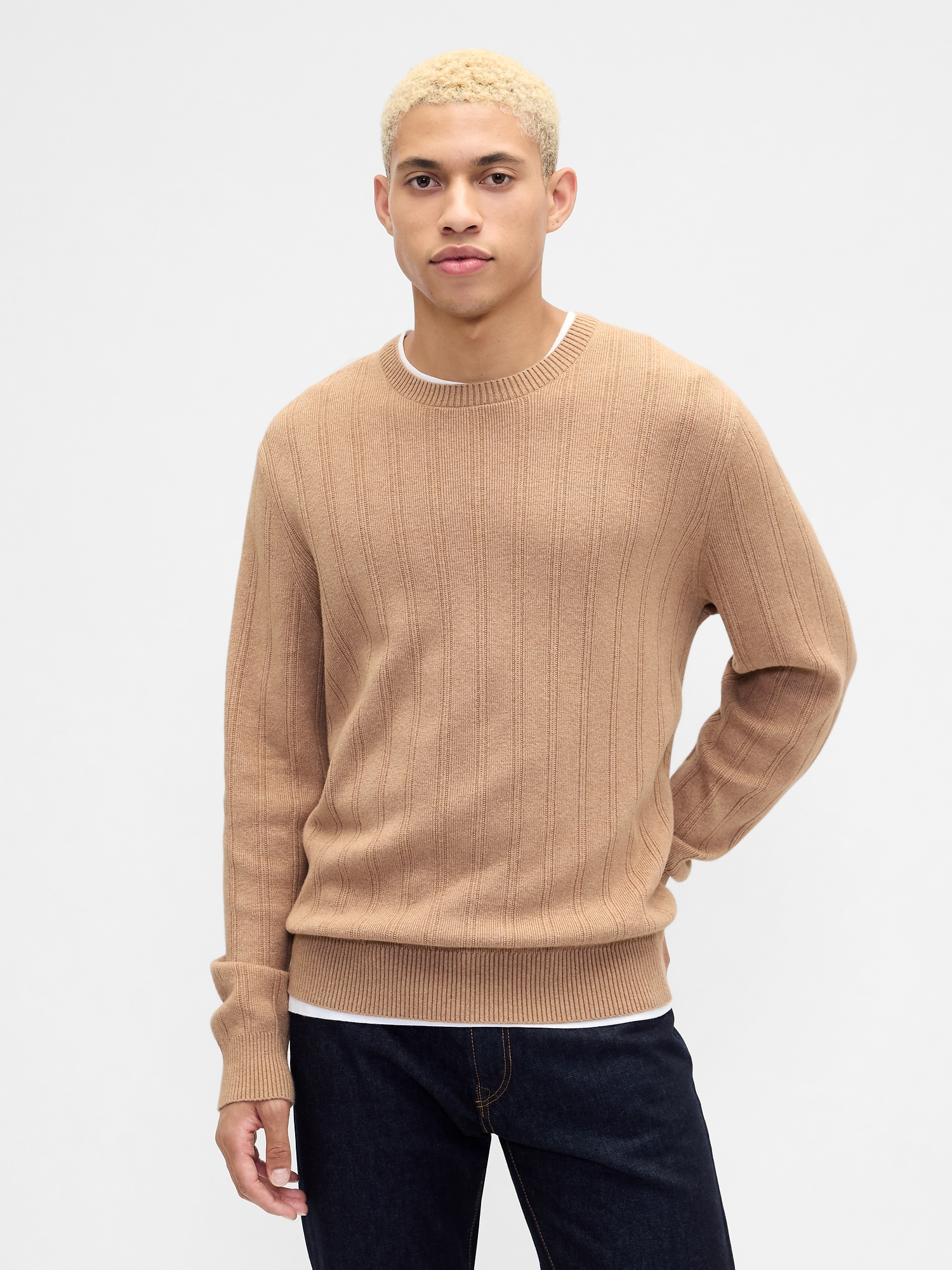CashSoft Ribbed Crewneck Sweater - Light Camel Heather