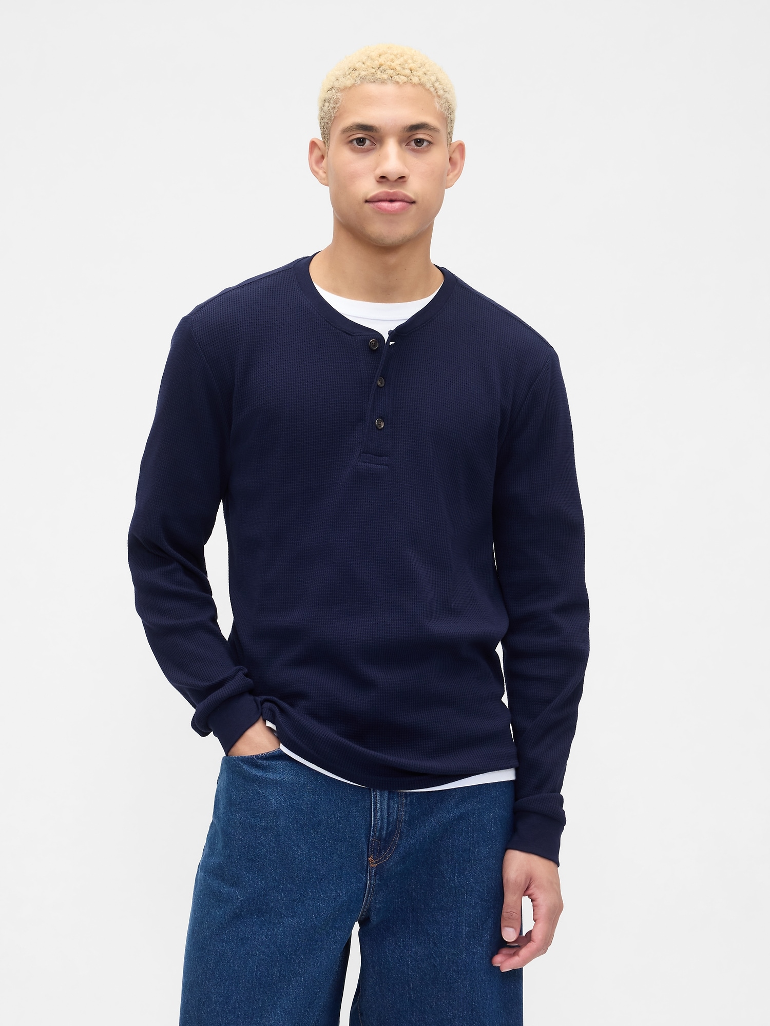 Waffle-Knit Henley T-Shirt - Navy Uniform