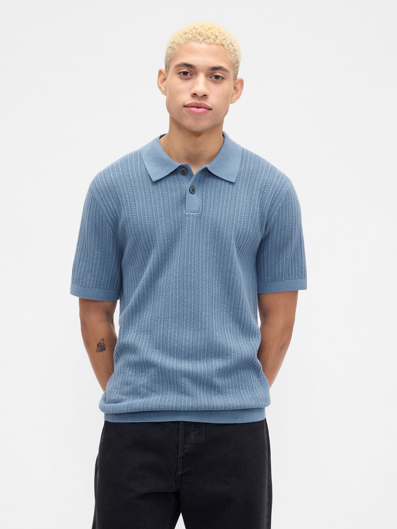 Textured Sweater Polo Shirt - Cornflower Blue
