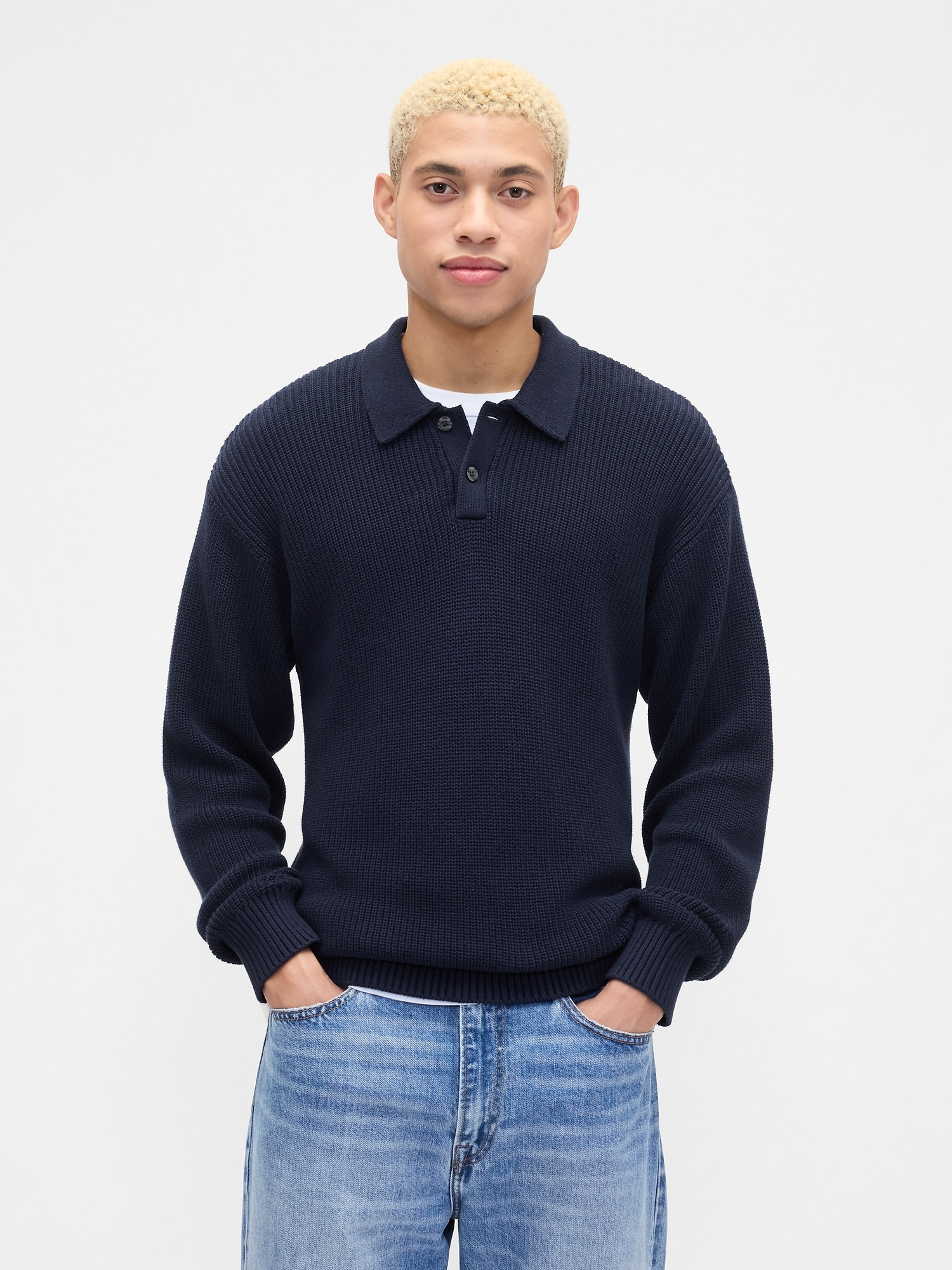 Gap Factory Relaxed Ribbed Sweater Polo Shirt Shirt In Blue
