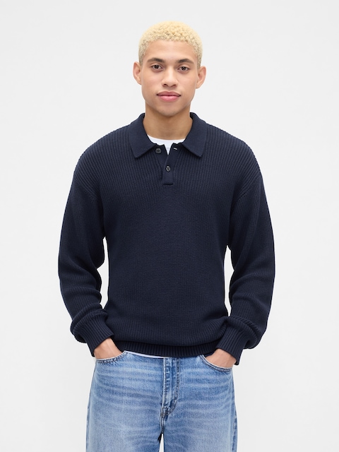 Relaxed Ribbed Sweater Polo Shirt