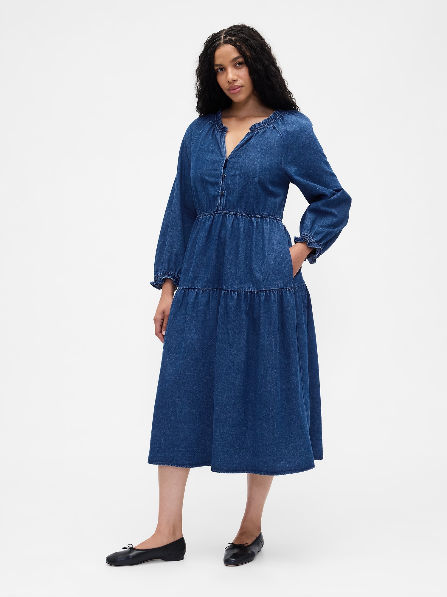 Gap Factory Tiered Denim Western Midi Dress In Blue