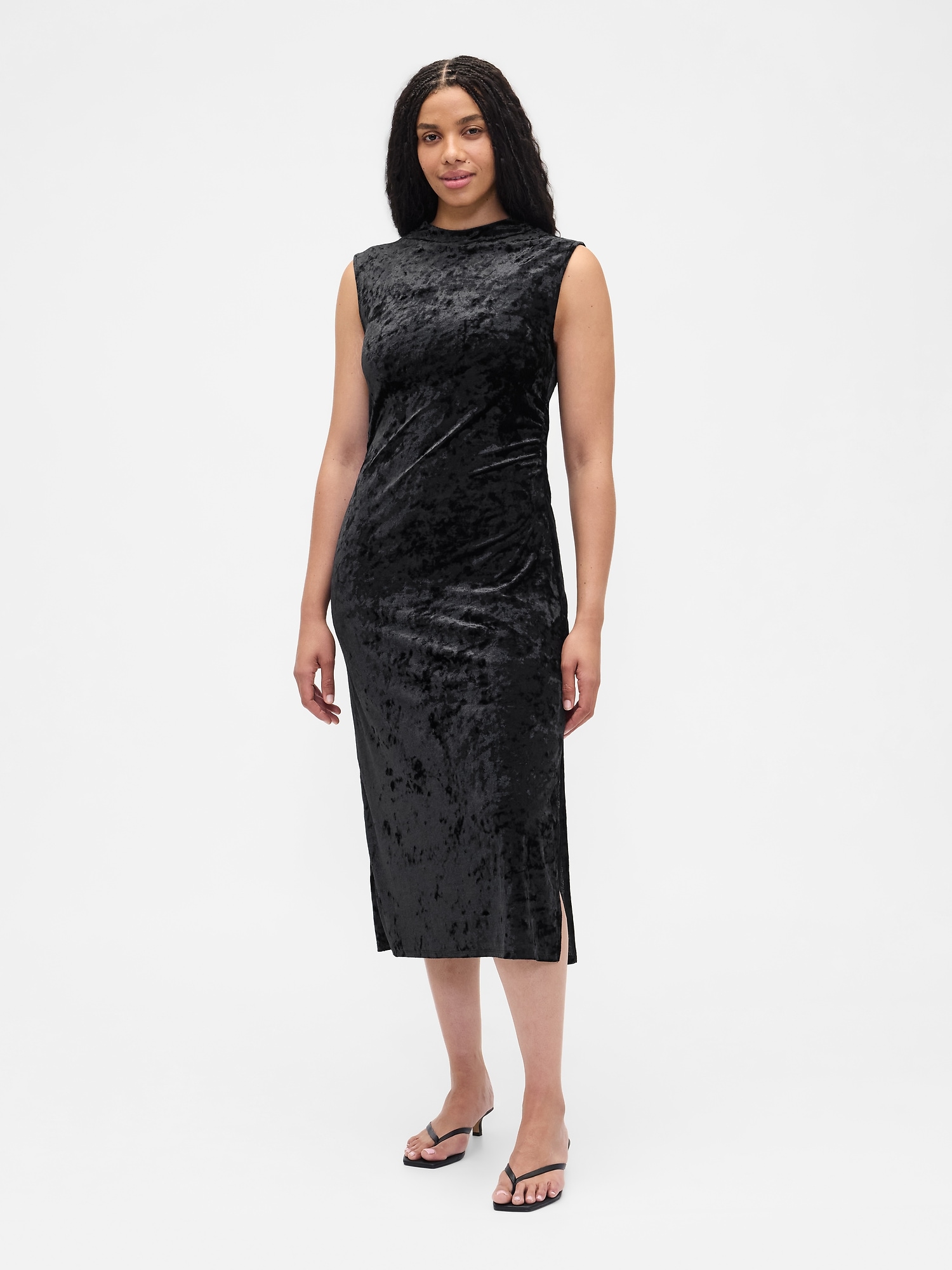 Gap Factory Ruched Velvet Mockneck Midi Dress In Black