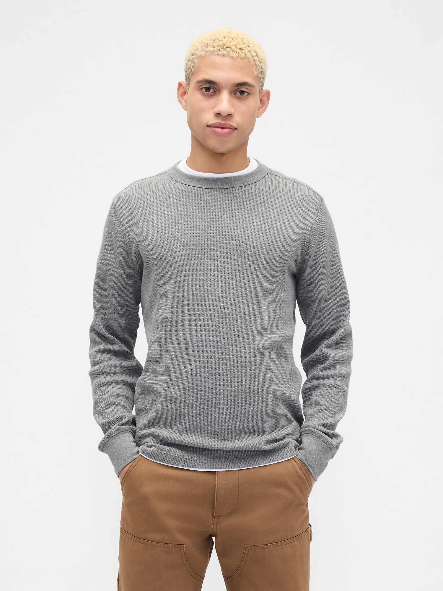 Waffle-Knit Crewneck T-Shirt - Grey Heather