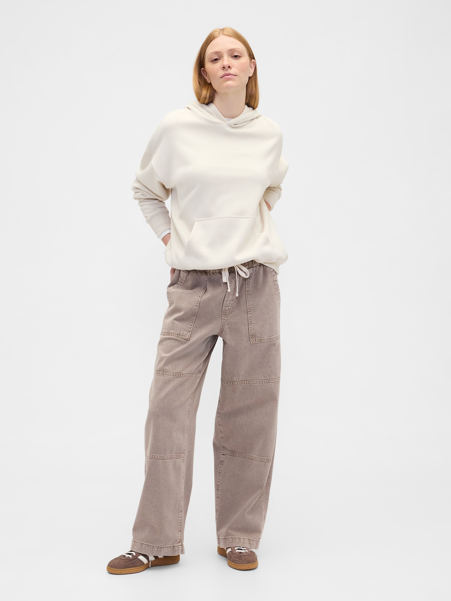 High Rise Pull-On Wide-Leg Utility Jeans - Mushroom Brown
