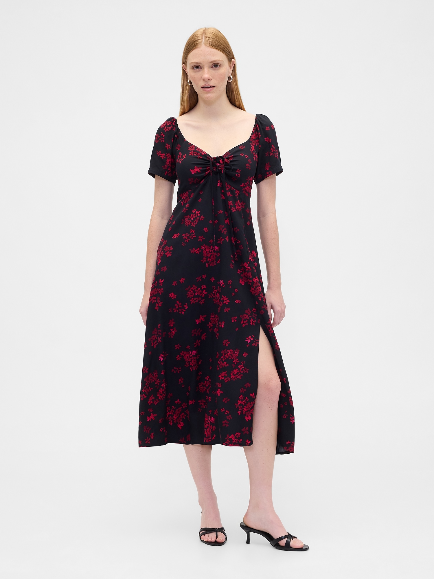 Puff Sleeve Midi Dress - Black Red Floral