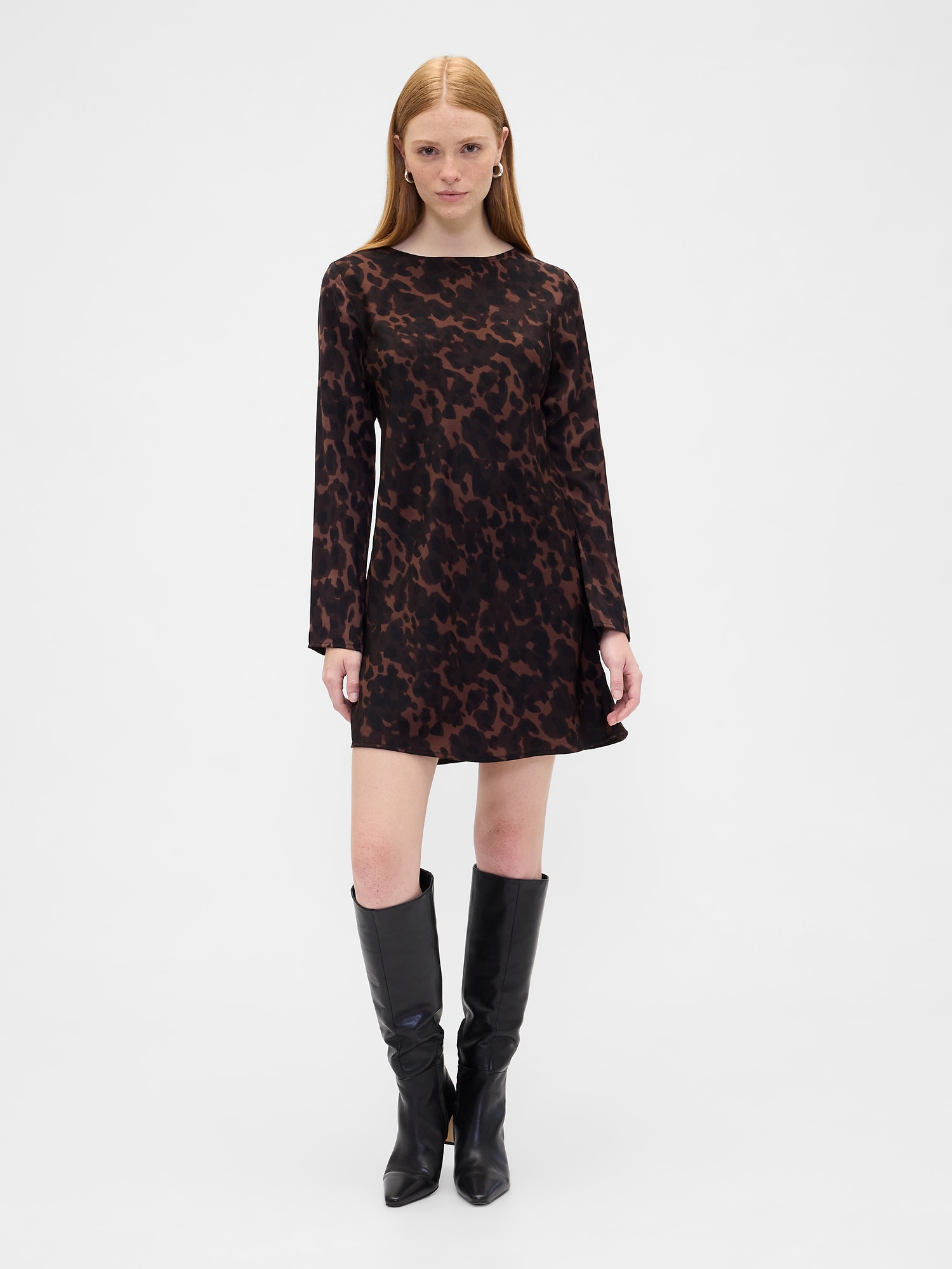 Satin Boatneck Mini Dress - Brown Leopard