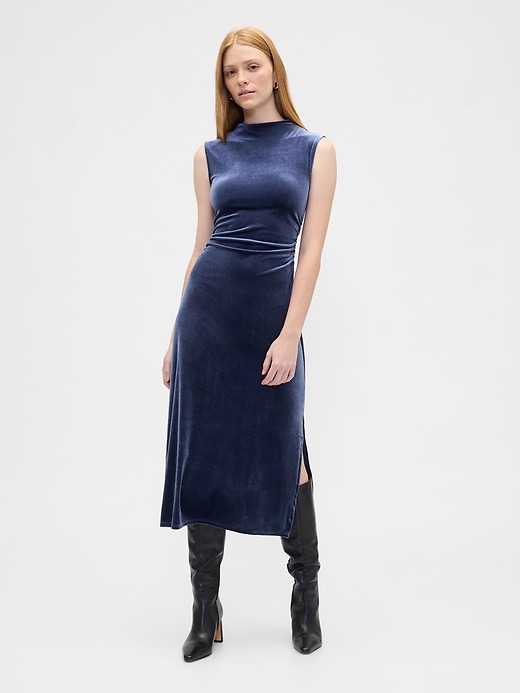 Image number 1 showing, Ruched Velvet Mockneck Midi Dress