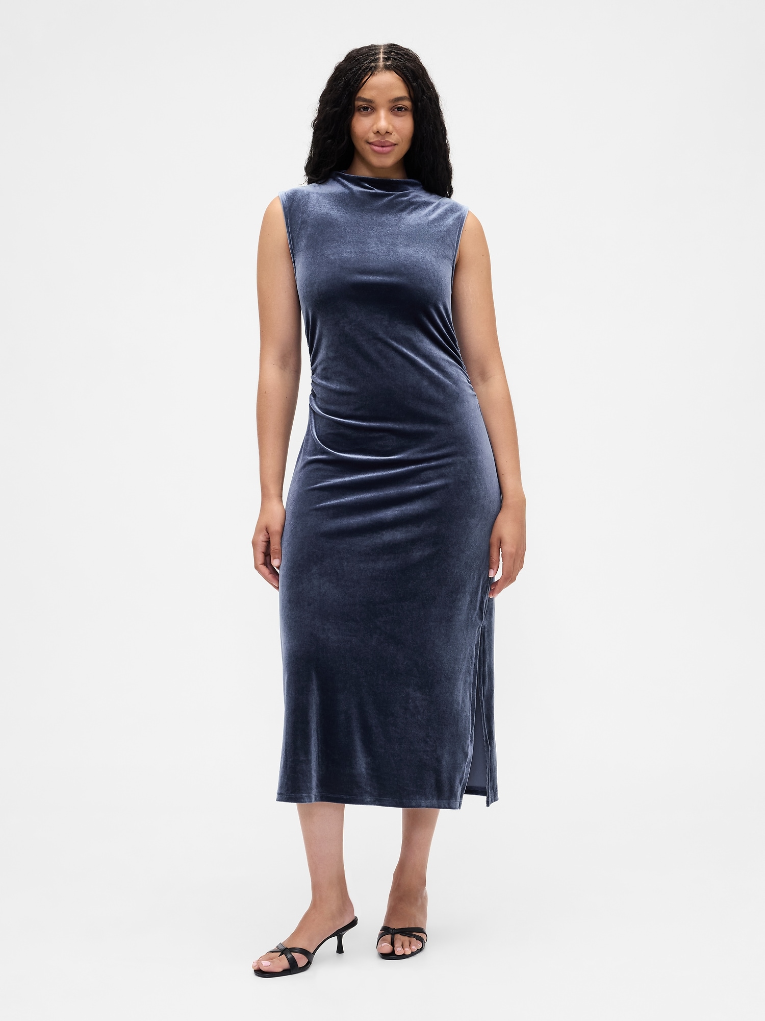 Gap Factory Ruched Velvet Mockneck Midi Dress In Blue